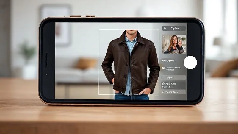 Photorealistic image of a sleek smartphone screen displaying a virtual try-on application. A digital overlay of a stylish jacket is perfectly fitted onto a person's photo, with size recommendations and fit details displayed alongside. The background shows a modern, minimalist home environment. Cinematic lighting, sharp focus on the phone screen, shallow depth of field, 8K, professional photography, shot on a high-end DSLR.