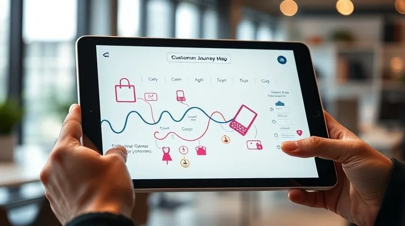 A photorealistic, professional photography shot of a customer journey map, intricately designed with various touchpoints represented by small fashion icons (a shopping bag, a dress, a credit card, a smiling face). The map is displayed on a sleek digital tablet, held by hands in a modern, well-lit office setting. Cinematic lighting, sharp focus on the map, depth of field blurring the background. 8K hyper-detailed, shot on a high-end DSLR.