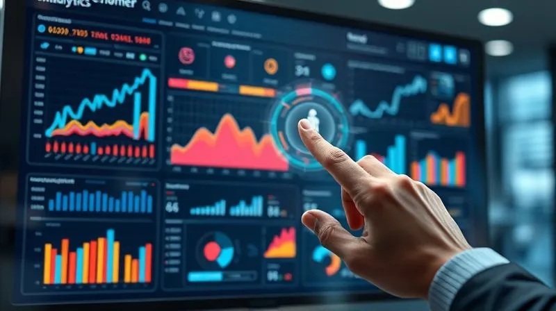 A photorealistic image of a futuristic data dashboard displaying complex customer behavior analytics for a fashion e-commerce. The screen is filled with vibrant graphs, charts, and customer segmentation data. A professional hand is interacting with a holographic element on the dashboard. The background is a blurred, modern tech office. Cinematic lighting, sharp focus on the dashboard, depth of field. 8K hyper-detailed, professional photography, shot on a high-end DSLR.