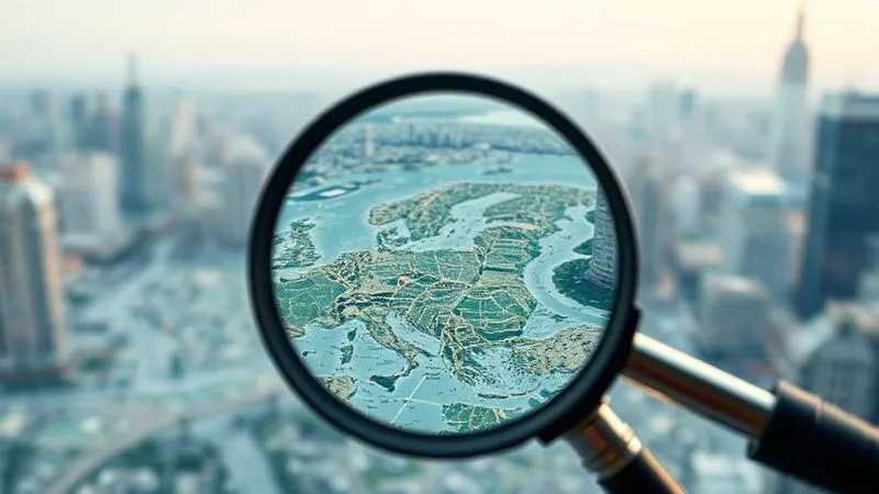 A photorealistic image of a magnifying glass focusing on a tiny, intricate part of a larger digital map, symbolizing the precise identification of a niche market online. The background is a blurred cityscape, emphasizing the vastness of the digital world. professional photography, 8K, cinematic lighting, sharp focus, depth of field, shot on a high-end DSLR.
