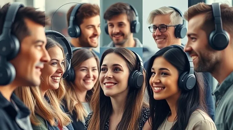 A photorealistic image of a diverse group of people from different age groups and backgrounds, each wearing headphones and smiling, implying engagement with audio content. Their profiles are overlaid with subtle data visualizations like graphs and demographic information, all in a modern, clean interface. Cinematic lighting, sharp focus on the faces, depth of field, 8K hyper-detailed, professional photography, shot on a high-end DSLR.