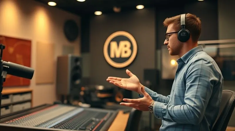 A photorealistic image of two business professionals in a modern recording studio, one holding a microphone and the other gesturing towards a soundboard, both engaged in a collaborative discussion. A brand logo is subtly integrated into the studio's decor, suggesting branded content creation. Cinematic lighting, sharp focus on the people, depth of field, 8K hyper-detailed, professional photography, shot on a high-end DSLR.