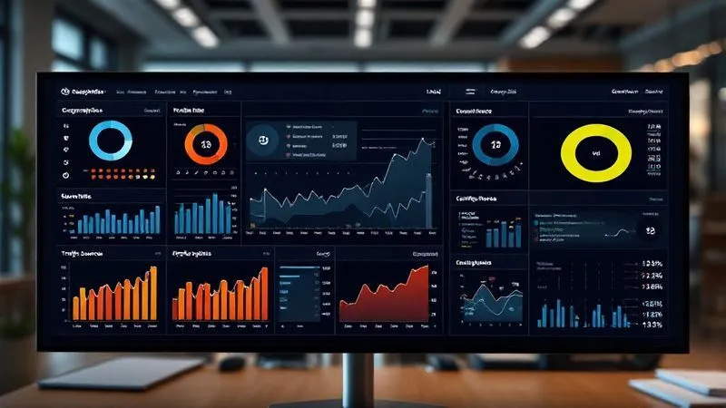 A photorealistic, professional photography image of a data dashboard displaying various analytics metrics for a news website: user demographics (age, gender, location), content consumption patterns, bounce rates, and traffic sources. The dashboard features clean, modern UI with charts, graphs, and heatmaps. Cinematic lighting, sharp focus on the central dashboard, depth of field blurring a background office setting. 8K hyper-detailed, shot on a high-end DSLR.