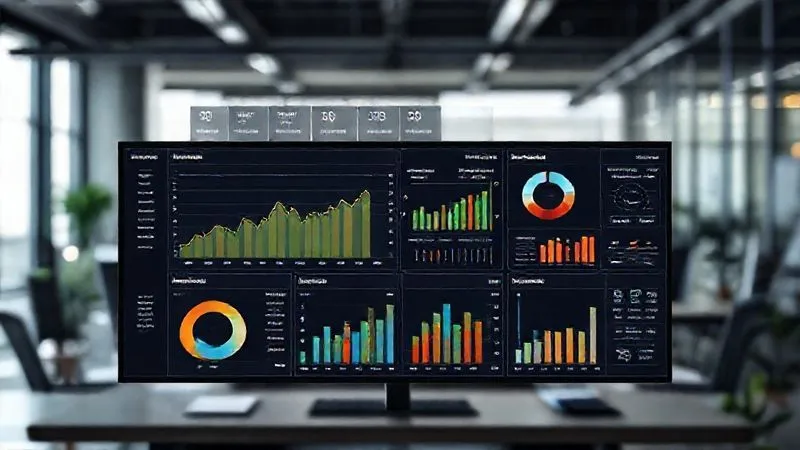 A photorealistic, professional photography image of a complex SEO analytics dashboard, displaying metrics like organic traffic, keyword rankings, backlink profiles, and Core Web Vitals scores. The dashboard is clean and data-rich, with various charts and graphs indicating performance trends. Cinematic lighting, sharp focus on the central dashboard, depth of field blurring a background of a modern office. 8K hyper-detailed, shot on a high-end DSLR.