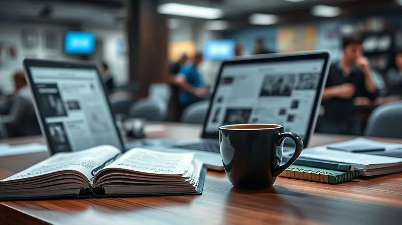 A photorealistic image of a journalist's desk with a laptop displaying a news article, a notebook with handwritten notes, and a steaming cup of coffee. The background is a blurred, bustling newsroom, conveying a sense of focused activity and dedication to quality content creation. Cinematic lighting, sharp focus on the desk, depth of field. 8K, professional photography, shot on a high-end DSLR.