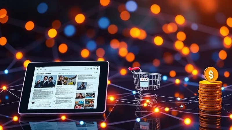 A photorealistic image of a vibrant, interconnected network of digital platforms, each representing a different revenue stream for a news portal: a tablet with a news article (subscriptions), a shopping cart (e-commerce), a calendar icon (events), and a coin stack (donations/ads). The elements are linked by glowing lines, symbolizing diversification. Cinematic lighting, sharp focus, depth of field. 8K, professional photography, shot on a high-end DSLR.