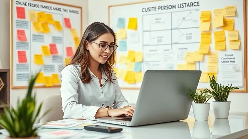A photorealistic image of a woman using a laptop, surrounded by mood boards and sticky notes, visually mapping out customer personas and market segments for an online fashion boutique. The scene is bright and organized, with a focus on strategic planning and creative thinking, 8K, cinematic lighting, sharp focus, depth of field.