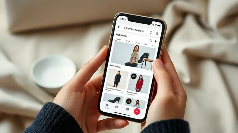 A photorealistic image of a sleek, modern smartphone displaying a fashion e-commerce website with high-quality product photos and a clean user interface. The phone is held by hands with manicured nails, positioned against a background of soft, luxurious fabrics and minimalist decor, emphasizing mobile-first design and an elegant shopping experience. 8K, cinematic lighting, sharp focus, depth of field.