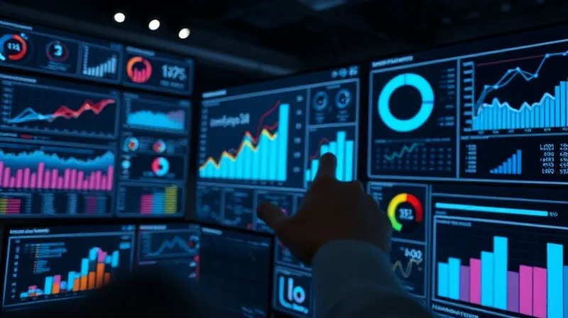 A photorealistic image of a modern data analytics dashboard displayed on multiple screens in a dimly lit, high-tech office. Various charts, graphs, and KPIs related to e-commerce sales and customer behavior are visible, illuminated by cinematic lighting. A person's hand is seen pointing at a key metric on one of the screens, emphasizing data-driven decision-making. 8K, sharp focus, depth of field.