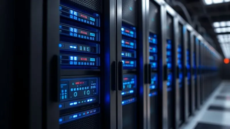 A photorealistic image of a high-performance server rack in a data center, with glowing blue lights indicating active data flow, sharp focus on the sleek server units, depth of field blurring the background, 8K hyper-detailed, professional photography, shot on a high-end DSLR.