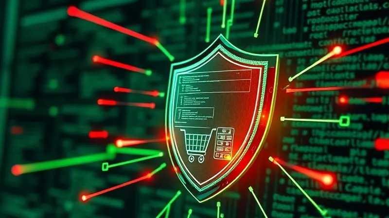 A photorealistic image of a futuristic digital shield protecting a stylized e-commerce website interface, with glowing green data streams deflecting red, jagged attack vectors. Cinematic lighting, sharp focus on the shield and website, depth of field blurring a background of complex code, 8K hyper-detailed, professional photography, shot on a high-end DSLR.