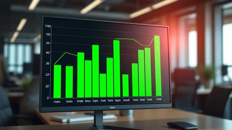 A photorealistic, vibrant bar chart showing a dramatic increase in sales and website speed metrics over time. The bars are green and trending strongly upwards. The chart is displayed on a modern, sleek monitor in a professional office setting. Cinematic lighting, sharp focus on the chart, depth of field blurring the background, 8K hyper-detailed, professional photography, shot on a high-end DSLR.