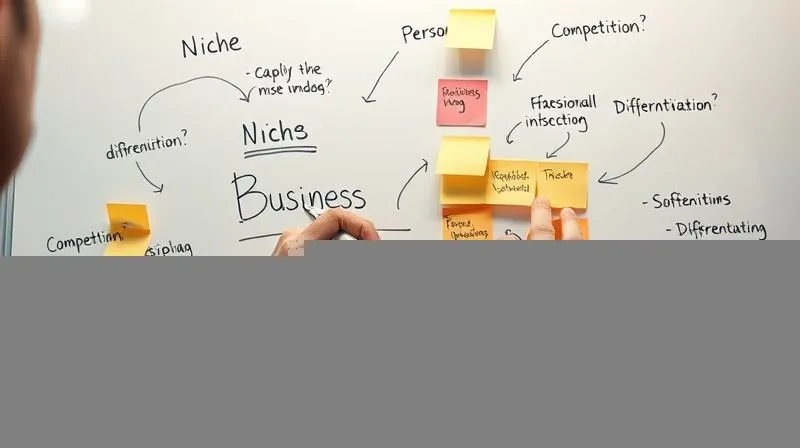 A photorealistic image of a person meticulously sketching a business plan on a whiteboard, surrounded by sticky notes with keywords like 'Niche', 'Persona', 'Competition', and 'Differentiation'. Cinematic lighting, sharp focus on the whiteboard, 8K hyper-detailed, professional photography, shot on a high-end DSLR.