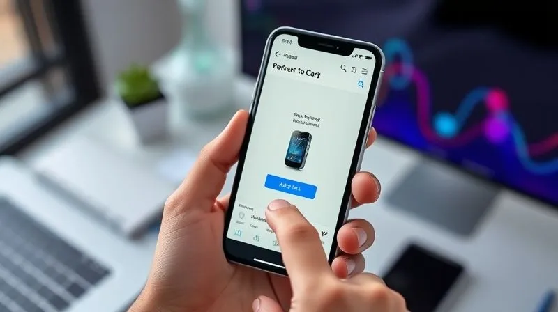 A photorealistic image of a sleek smartphone displaying a perfectly optimized e-commerce product page, with a finger about to tap 'Add to Cart'. The phone is held in a hand against a blurred background of other digital devices and a clean, modern workspace. Cinematic lighting, sharp focus on the phone screen, 8K hyper-detailed, professional photography, shot on a high-end DSLR.