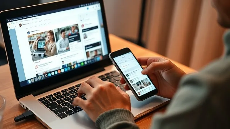 A photorealistic image of a person using a laptop and smartphone simultaneously, displaying various social media interfaces and a blog post. The person is actively engaging, typing and scrolling. Cinematic lighting, sharp focus on the screens and hands, 8K hyper-detailed, professional photography, shot on a high-end DSLR.