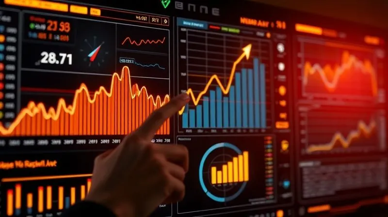 A photorealistic image of a futuristic dashboard displaying complex data visualizations, charts, and graphs with glowing lines and numbers, representing business analytics and growth. A hand points to a specific upward-trending line. Cinematic lighting, sharp focus on the dashboard, 8K hyper-detailed, professional photography, shot on a high-end DSLR.
