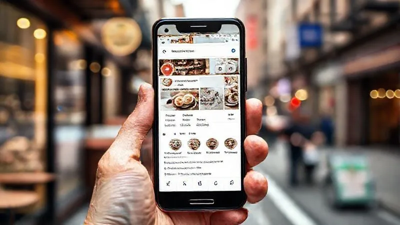 Photorealistic image of a smartphone screen displaying a fully optimized Google My Business profile for a local cafe, showing high-quality photos of coffee and pastries, customer reviews, and a map pin icon, with a blurred background of a bustling city street, cinematic lighting, sharp focus, depth of field, 8K hyper-detailed, professional photography, shot on a high-end DSLR.