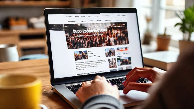 Photorealistic image of a laptop screen displaying a blog post about 'Top Local Events in [City Name]', with vibrant photos of community gatherings and local landmarks. A person is seen typing on the keyboard in a cozy home office setting, cinematic lighting, sharp focus on the screen, depth of field blurring the background, 8K hyper-detailed, professional photography, shot on a high-end DSLR.
