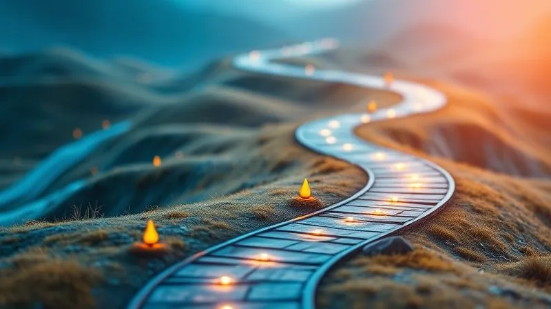 A photorealistic image depicting a winding path through a digital landscape, with various content formats (e.g., small glowing icons for blog posts, larger screens for webinars, detailed documents) appearing at different stages of the journey. The path starts with cool blue tones and gradually transitions to warm orange and yellow, symbolizing the lead warming up. Sharp focus on the path and content elements, depth of field blurring the background. Cinematic lighting, 8K hyper-detailed, professional photography.
