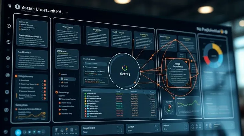 A photorealistic, highly detailed image of a sophisticated digital marketing automation dashboard, with intricate flowcharts and data visualizations showing pathways of emails, content, and user interactions. Small, subtle glowing lines connect different modules, representing the seamless flow of automated processes. Cinematic lighting, sharp focus on the central dashboard, depth of field blurring a modern office background. 8K hyper-detailed, professional photography.
