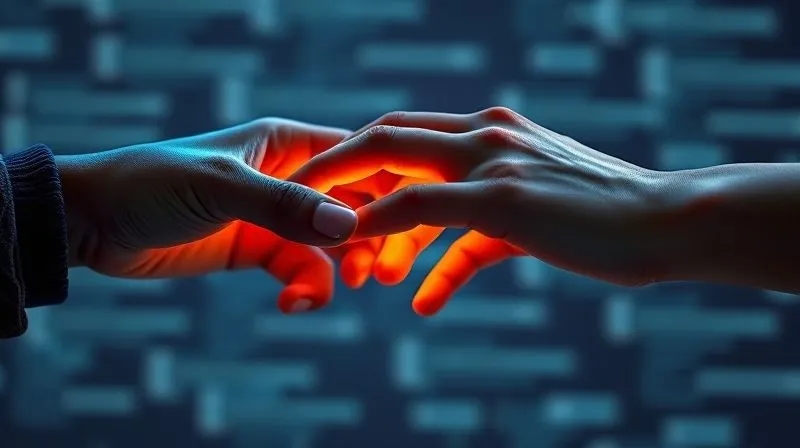 A photorealistic image of two hands, one initially cold and distant (represented by cool blue light) slowly reaching out and intertwining with another warm, inviting hand (represented by soft golden light), symbolizing the building of trust and connection. The background is a subtle, blurred digital interface. Cinematic lighting, sharp focus on the hands, depth of field. 8K hyper-detailed, professional photography.