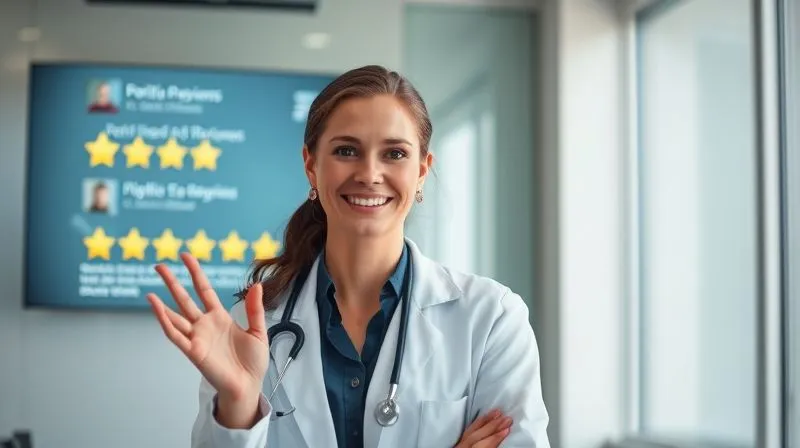 Photorealistic, professional photography, 8K, cinematic lighting, sharp focus, depth of field, shot on a high-end DSLR. A confident, empathetic female doctor in a modern clinic, subtly gesturing towards a digital screen displaying positive patient reviews and high star ratings. The scene should convey trust, professionalism, and digital success.