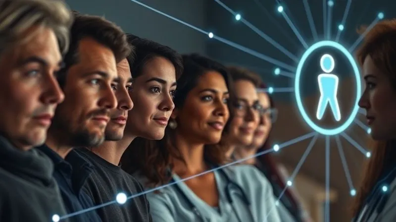 Photorealistic, professional photography, 8K, cinematic lighting, sharp focus, depth of field, shot on a high-end DSLR. A diverse group of people (representing different demographics and interests) subtly connected by glowing digital lines, converging towards a central, softly illuminated medical symbol or a doctor's silhouette. The image should convey precise targeting and effective patient reach through digital advertising.