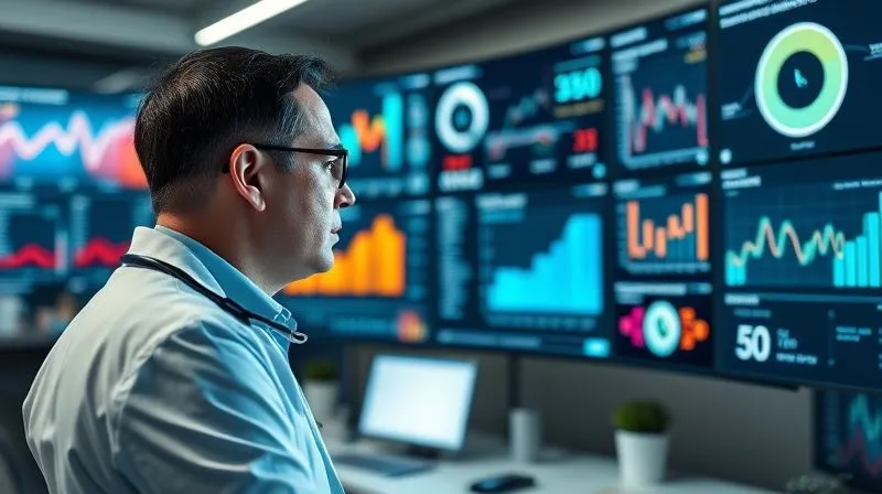Photorealistic, professional photography, 8K, cinematic lighting, sharp focus, depth of field, shot on a high-end DSLR. A focused doctor in a modern office, looking at a multi-screen dashboard displaying various digital marketing metrics (charts, graphs, numbers). The scene should convey data-driven decision making, strategic thinking, and continuous improvement, with a serious yet optimistic expression.