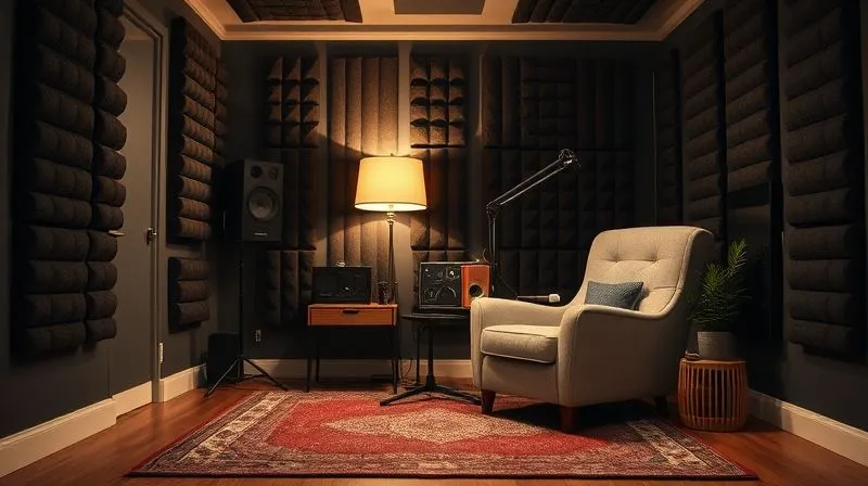A photorealistic, professional photography, 8K, cinematic lighting, sharp focus, depth of field, shot on a high-end DSLR. A cozy, yet professionally treated home radio studio corner, featuring dark acoustic foam panels on the walls, a thick rug on the floor, and a large, comfortable armchair. A warm lamp casts a soft glow, emphasizing the inviting and sound-controlled environment.