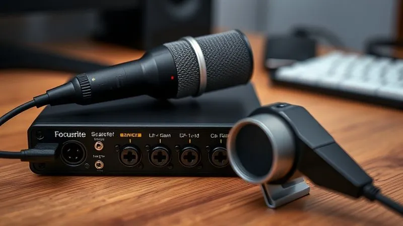 A photorealistic, professional photography, 8K, cinematic lighting, sharp focus, depth of field, shot on a high-end DSLR. A sleek, modern audio interface (e.g., Focusrite Scarlett) with glowing input meters, connected to a high-quality condenser microphone via an XLR cable. The setup is clean and functional, placed on a wooden desk, conveying precision and technological sophistication.