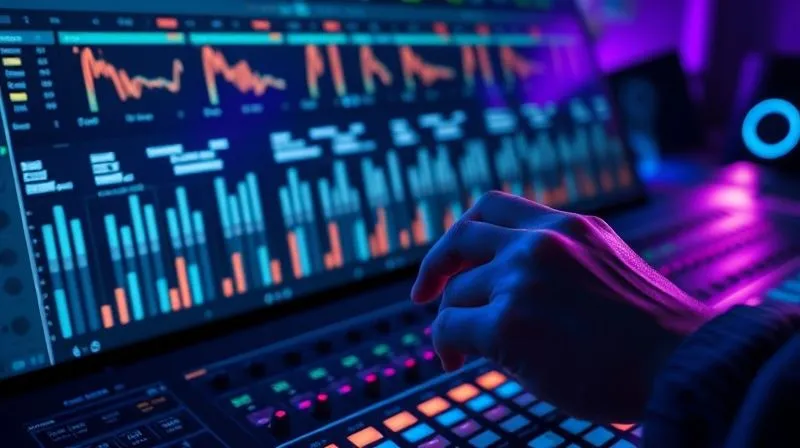 A photorealistic, professional photography, 8K, cinematic lighting, sharp focus, depth of field, shot on a high-end DSLR. A close-up of a digital audio workstation (DAW) screen showing a complex mixing session with multiple tracks, faders, and EQ curves. The screen is illuminated by cinematic blue and purple light, reflecting on a pair of hands delicately adjusting a virtual fader, symbolizing precision and control in audio production.