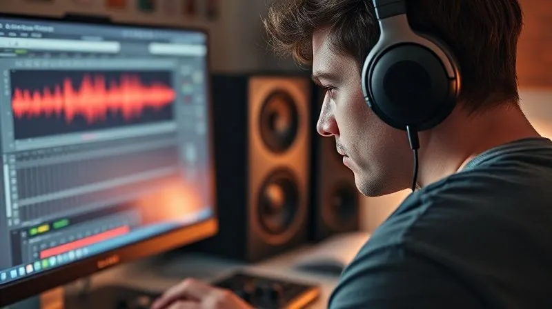 A photorealistic, professional photography, 8K, cinematic lighting, sharp focus, depth of field, shot on a high-end DSLR. A person wearing high-quality studio headphones, intently focused on a computer screen displaying audio waveforms and analysis tools. Their hand rests on a small mixing controller, suggesting a meticulous approach to fine-tuning sound. The atmosphere is one of concentration and continuous improvement in a home studio setting.