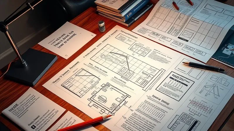 A photorealistic image of a detailed storyboard laid out on a table, with sketches and notes, illuminated by a desk lamp, sharp focus on the meticulous planning, 8K.