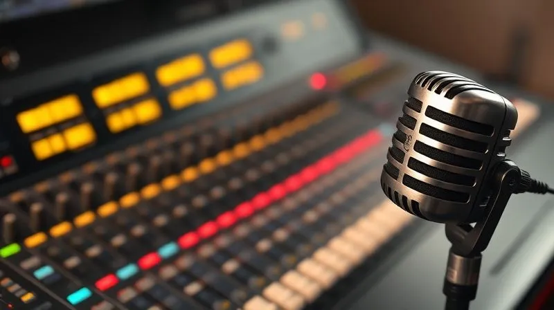 A photorealistic image of a professional audio mixing board with glowing faders and knobs, a high-quality condenser microphone in the foreground, indicating meticulous sound engineering for clear voiceovers. Cinematic lighting, sharp focus on the equipment, 8K.