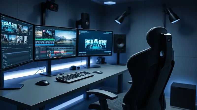 A photorealistic image of a sleek, modern editing suite setup with multiple monitors displaying video editing software timelines, keyboard shortcuts visible, and a comfortable ergonomic chair. Cinematic lighting, sharp focus on the workstation, 8K.