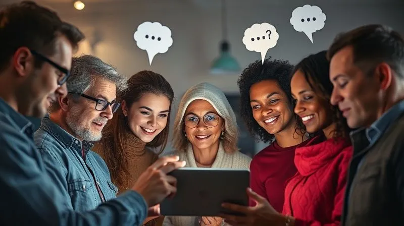 Photorealistic image of a diverse group of people from different age groups and backgrounds looking at a website on a tablet, with thought bubbles above their heads showing various emotional reactions to the colors. Cinematic lighting, sharp focus on the tablet and faces, depth of field blurring the background, 8K hyper-detailed.