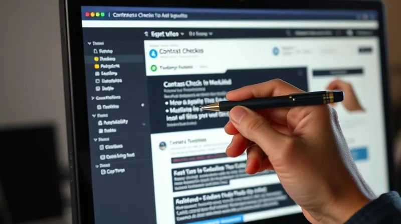 A photorealistic, professional photography, 8K, cinematic lighting, sharp focus, depth of field, shot on a high-end DSLR, showing a computer screen displaying a website with a contrast checker tool open, highlighting a section of text that fails accessibility standards. A hand with a stylus points to the problematic area, conveying attention to detail and a focus on inclusivity.