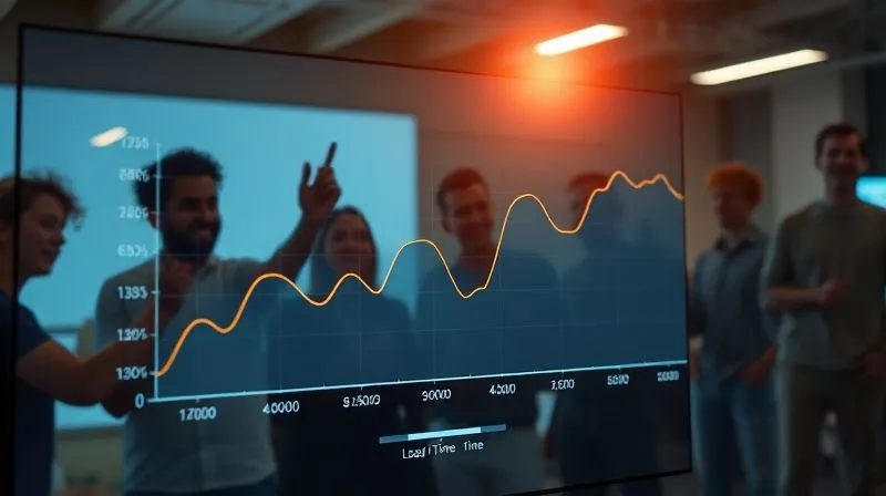 A photorealistic, professional photography, 8K, cinematic lighting, sharp focus, depth of field, shot on a high-end DSLR, depicting a line graph on a digital screen, showing a dramatic upward curve of 'performance score' and a downward curve of 'load time' over a timeline, indicating significant improvement. In the background, a team of developers are celebrating, with a bright, optimistic glow.