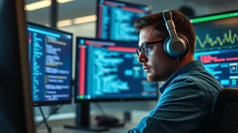 A photorealistic, professional photography, 8K, cinematic lighting, sharp focus, depth of field, shot on a high-end DSLR, depicting a focused software engineer in a modern, well-lit office, surrounded by multiple glowing monitors displaying complex code, performance metrics, and network graphs. The engineer is wearing noise-canceling headphones, deeply concentrating on optimizing code, with a determined expression. The scene conveys intense problem-solving and expertise, with a cool blue and white color scheme.