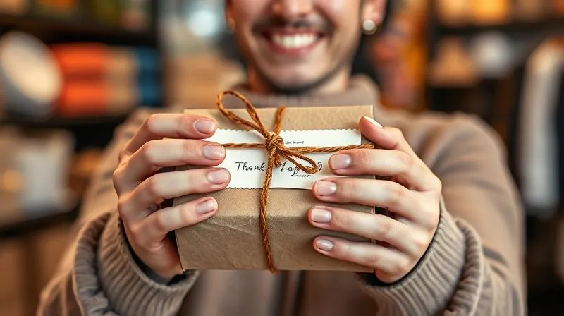 A photorealistic, professional photography shot of a customer's hands unwrapping a beautifully packaged product from an e-commerce store, with a genuine smile on their face visible in the background. The packaging includes a personalized thank you note. Cinematic lighting, sharp focus on the product and hands, depth of field blurring the background. 8K hyper-detailed, shot on a high-end DSLR.