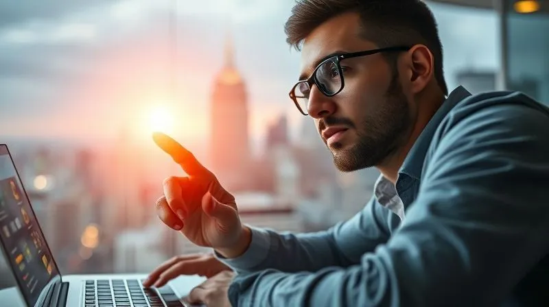 A photorealistic, professional photography shot of a determined entrepreneur looking confidently at a bright, digitally enhanced horizon, symbolizing growth and future success for their online store. Their hand is subtly touching a laptop keyboard, indicating action and strategy. Cinematic lighting, sharp focus on the entrepreneur's face and the digital glow, depth of field blurring a bustling city skyline. 8K hyper-detailed, shot on a high-end DSLR.