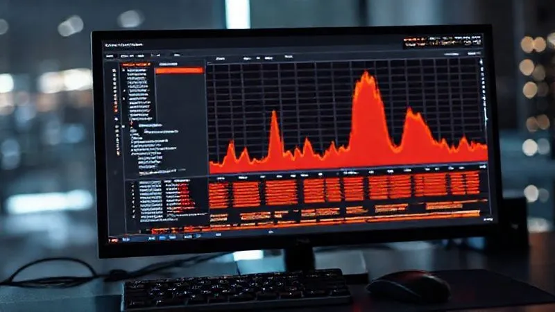 A photorealistic image of a developer's screen showing a complex flame chart from a performance profiler, with specific sections highlighted in red indicating bottlenecks. The screen is on a modern desk with a keyboard and mouse, cinematic lighting, sharp focus on the chart, depth of field blurring the background, 8K hyper-detailed.