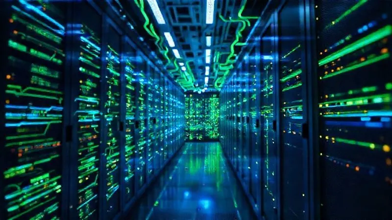 A photorealistic image of a futuristic data center with glowing blue and green lines representing data flow, some lines are thick and congested (bottlenecks) while others are thin and efficient (optimized). The image conveys a sense of complex data processing and the challenge of managing it effectively, cinematic lighting, sharp focus, depth of field, 8K hyper-detailed.