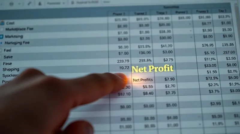 A photorealistic, professional photography, 8K, cinematic lighting, sharp focus, depth of field, shot on a high-end DSLR, of a detailed financial ledger or spreadsheet with various columns for 'Product Cost', 'Marketplace Fee', 'Shipping', 'Advertising', 'Net Profit', showing a hand pointing to the 'Net Profit' column, emphasizing cost analysis and profitability.