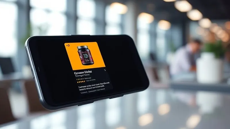 A photorealistic image of a sleek, modern smartphone screen displaying a highly optimized product listing on an e-commerce marketplace. The product image is vibrant and high-resolution, the title is bold and clear, and the description features bullet points highlighting key benefits. Customer reviews with 5-star ratings are prominently visible below. Cinematic lighting, sharp focus on the screen, depth of field blurring a contemporary office background. Professional photography, 8K hyper-detailed.