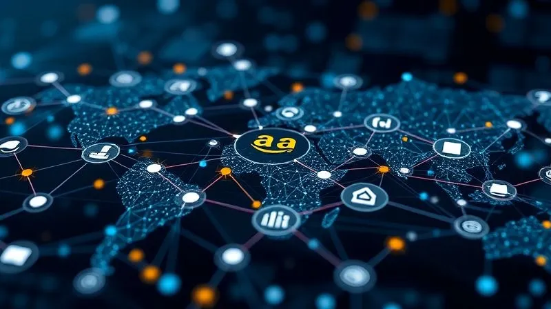 A photorealistic image of a complex digital map or network diagram, with various interconnected nodes representing different online marketplaces (e.g., Amazon, Mercado Livre, Shopee logos subtly integrated into the nodes) and arrows showing data flow and product distribution. The map glows with strategic pathways, symbolizing intelligent expansion. Cinematic lighting, sharp focus on the central network, depth of field blurring the background. Professional photography, 8K hyper-detailed.