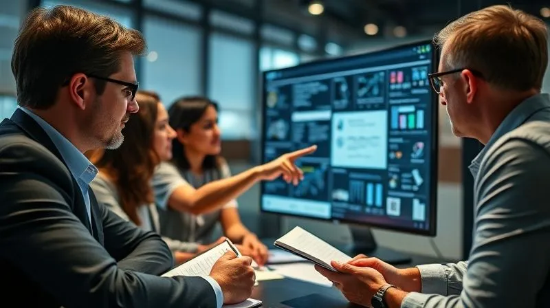 A photorealistic, professional photography shot on a high-end DSLR, showing a diverse group of users (business professionals, tech-savvy individuals) engaged in a moderated usability testing session. One user is pointing at a screen with a complex interface, expressing confusion, while a researcher takes notes empathetically. Cinematic lighting, sharp focus on the interaction, depth of field blurring the background, 8K hyper-detailed.