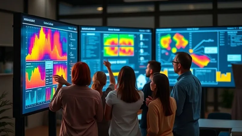 A photorealistic, professional photography shot on a high-end DSLR, showing a team of UX designers and product managers collaboratively analyzing user feedback data on large digital screens. They are pointing at heatmaps and user flow diagrams, indicating areas for improvement. The atmosphere is focused and collaborative. Cinematic lighting, sharp focus on the screens and team, depth of field blurring the background, 8K hyper-detailed.