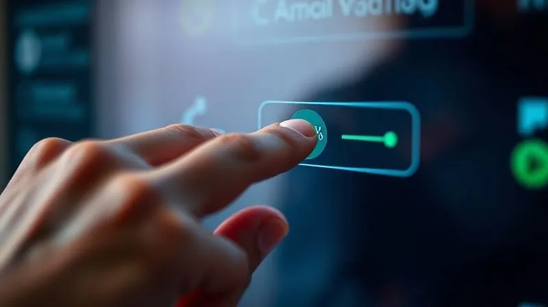 A photorealistic, professional photography shot on a high-end DSLR, showing a close-up of a hand interacting with a digital interface. A specific microinteraction is highlighted: a button press resulting in a subtle, elegant animation and a small, green success checkmark appearing momentarily. The lighting is soft and focused on the interaction, depth of field blurring the background. 8K hyper-detailed.