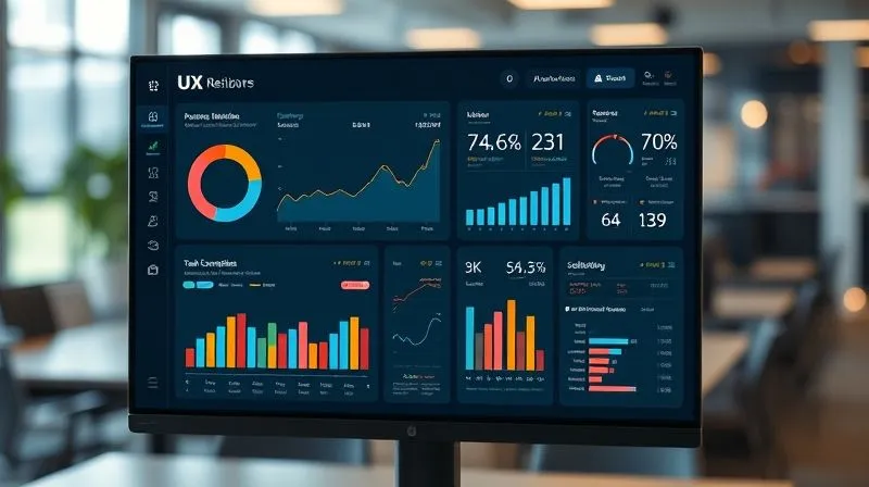 A photorealistic, professional photography shot on a high-end DSLR, showing a sleek, modern digital dashboard displaying various UX and business metrics. Graphs and charts illustrate trends in user retention, task completion rates, and satisfaction scores. The data is presented clearly with a clean design. Cinematic lighting, sharp focus on the dashboard, depth of field blurring a blurred office background. 8K hyper-detailed.